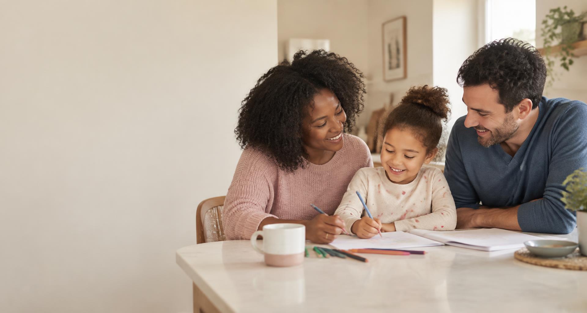 Two parents and their child enjoying drawing and conversation together at home
